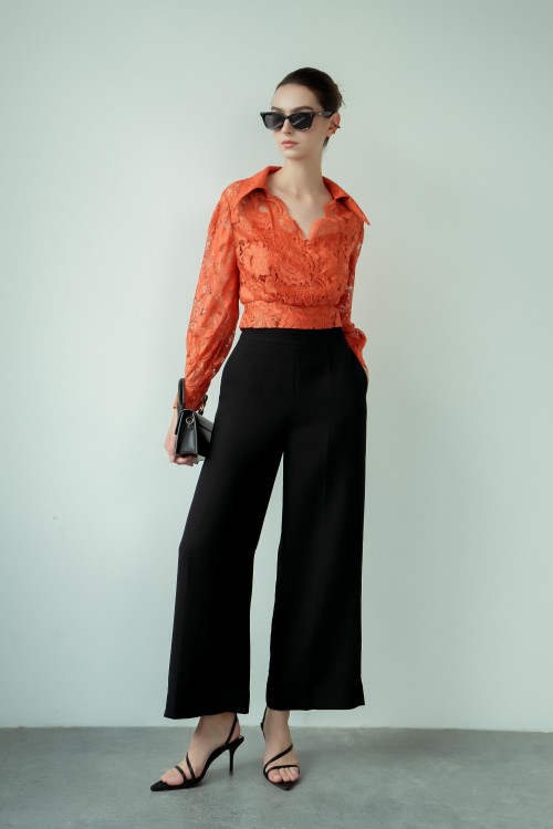 Sixdo Orange Long Sleeves Lace Blouse